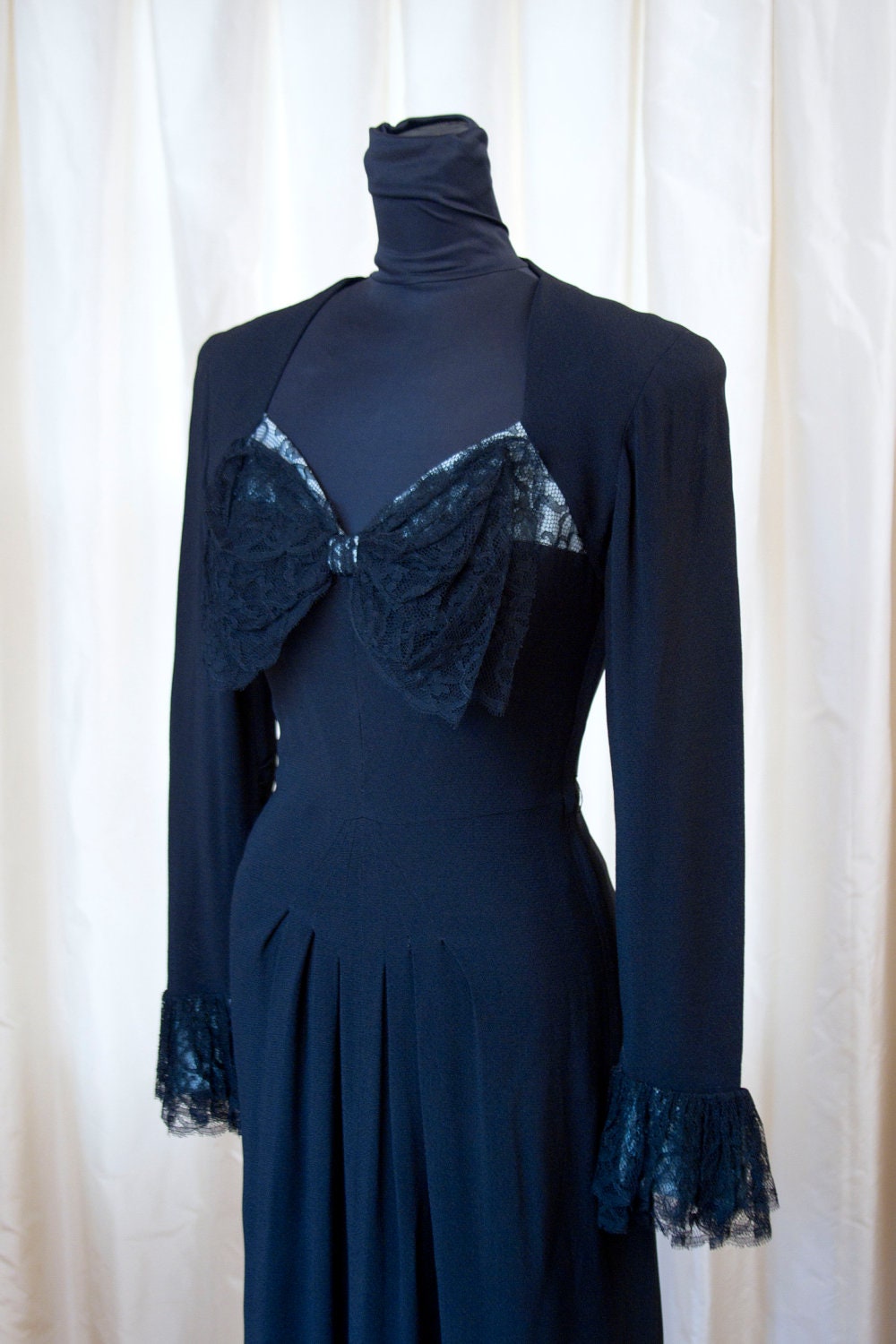 1940's Dress // Black with Large Lace Bow New York Creation Evening Dress