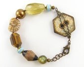 Chunky Bead Bracelet - Bead Chain Wood Gemstone Yellow Tan Brown Eclectic Jewelry