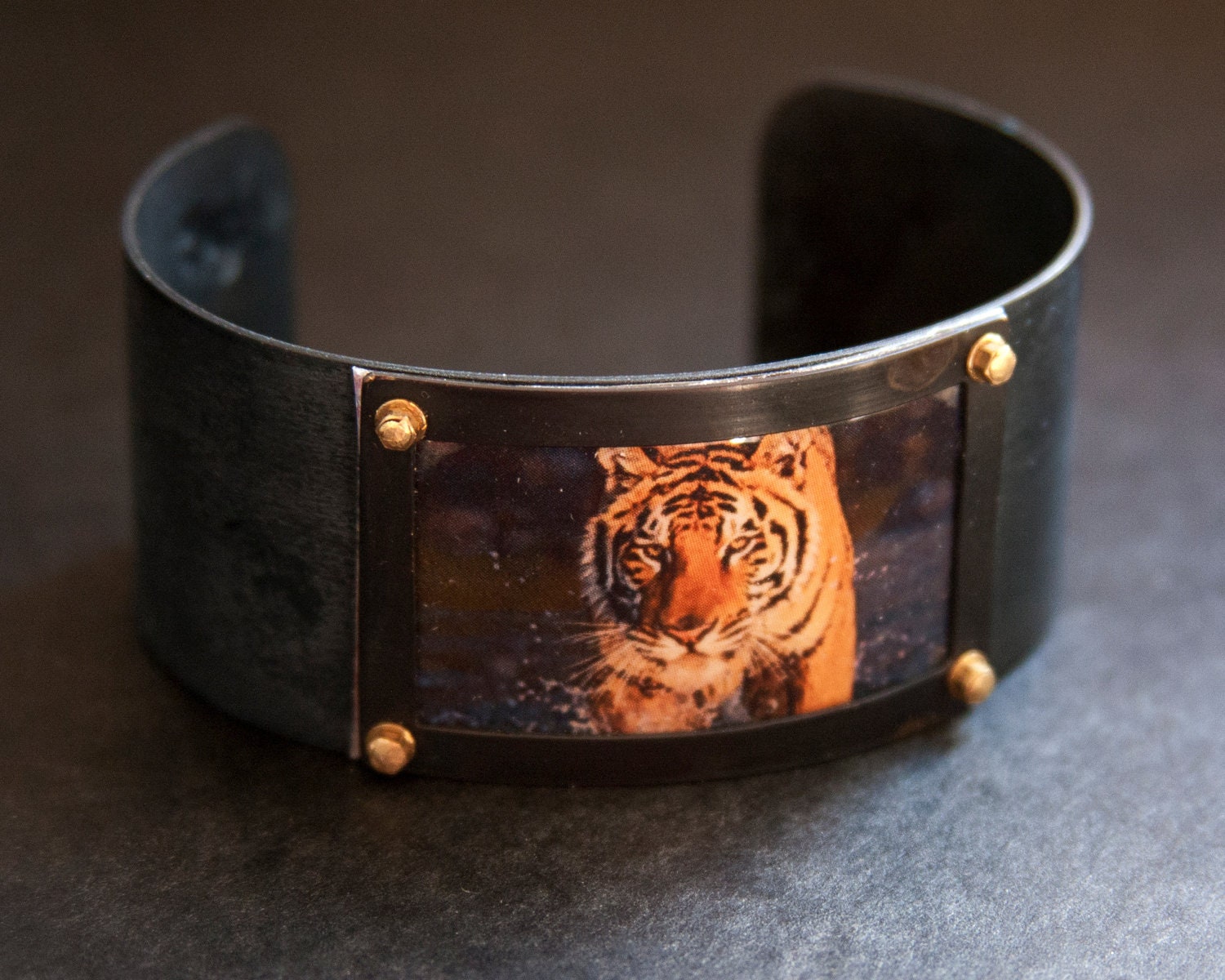 Tiger Bracelet - Orange Brown Picture Bold Statement Jewelry Photo Cuff