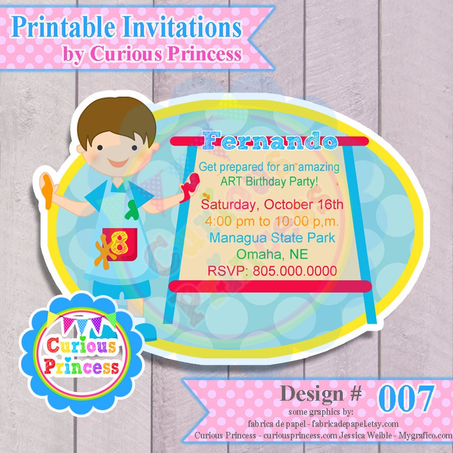 007 art boy invitations or thank you cards boys party artist paint PRINTABLE DIGITAL file
