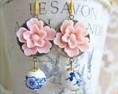 Pink Earrings Dangling Pink Wedding Bridesmaids Earrings Pastel Pink Light Pink Pale Pink - Provencal Chintz Romance