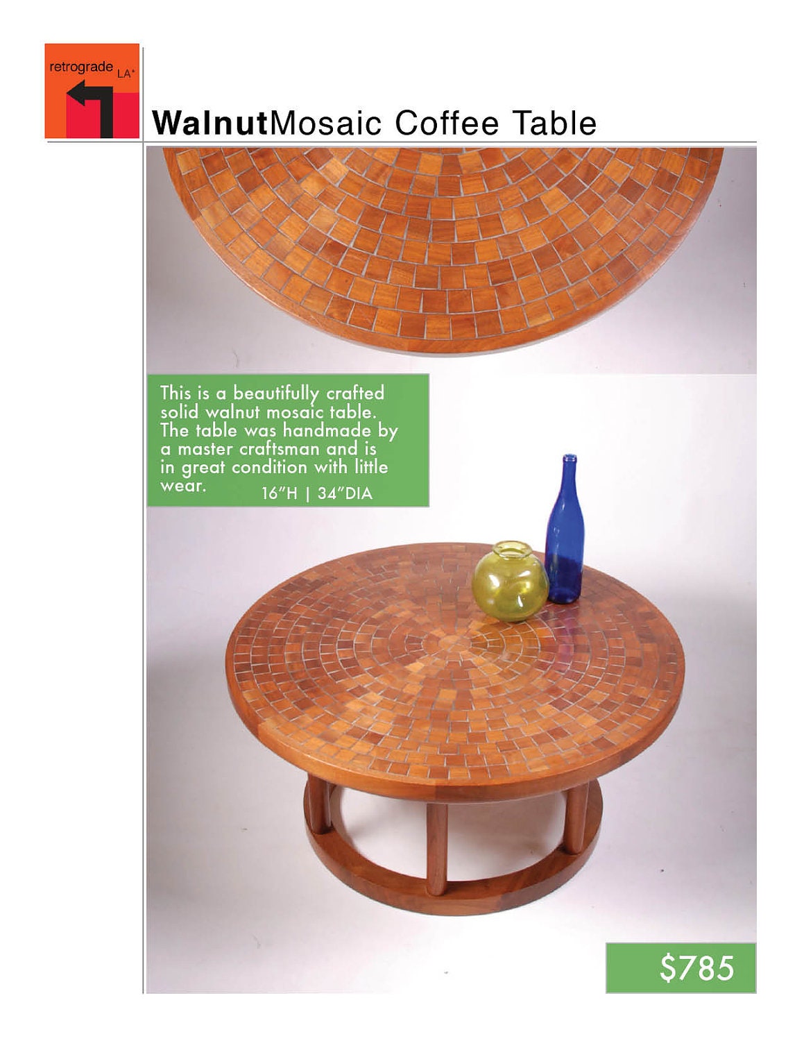 Mid Century Solid Walnut Mosaic Round Coffee Table