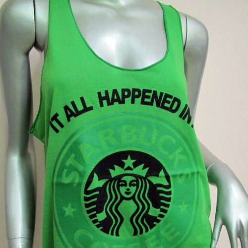 STARBUCKS Coffee it all happened T-Shirt Women shirt Tank Tops vest sleeveless shirt silkscreen shirt Rock Punk classic Green K27 Sz M