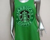 STARBUCKS Coffee T-Shirt Women shirt Tank Tops Mini Dress sleeveless silk screen shirt Rock Punk classic backless charity Green Q03 Size M