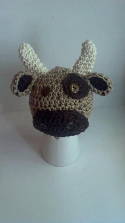 Bull Cow Crochet Hat Beanie in Tan and Brown - Newborn, Infant, Toddler Boy - Great Photography Prop