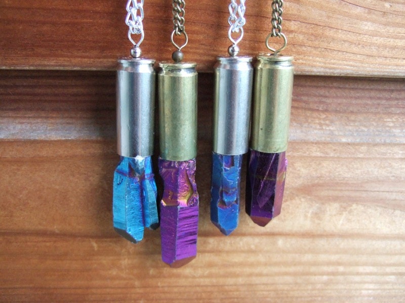 XL Purple & Cobalt Aura Quartz Crystal Bullet Necklace