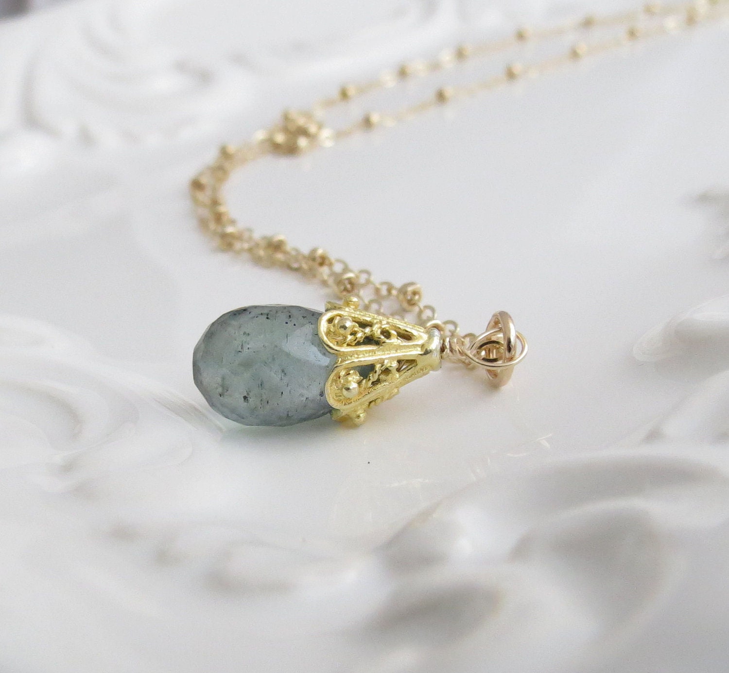 Moss Aquamarine Briolette Gold Necklace