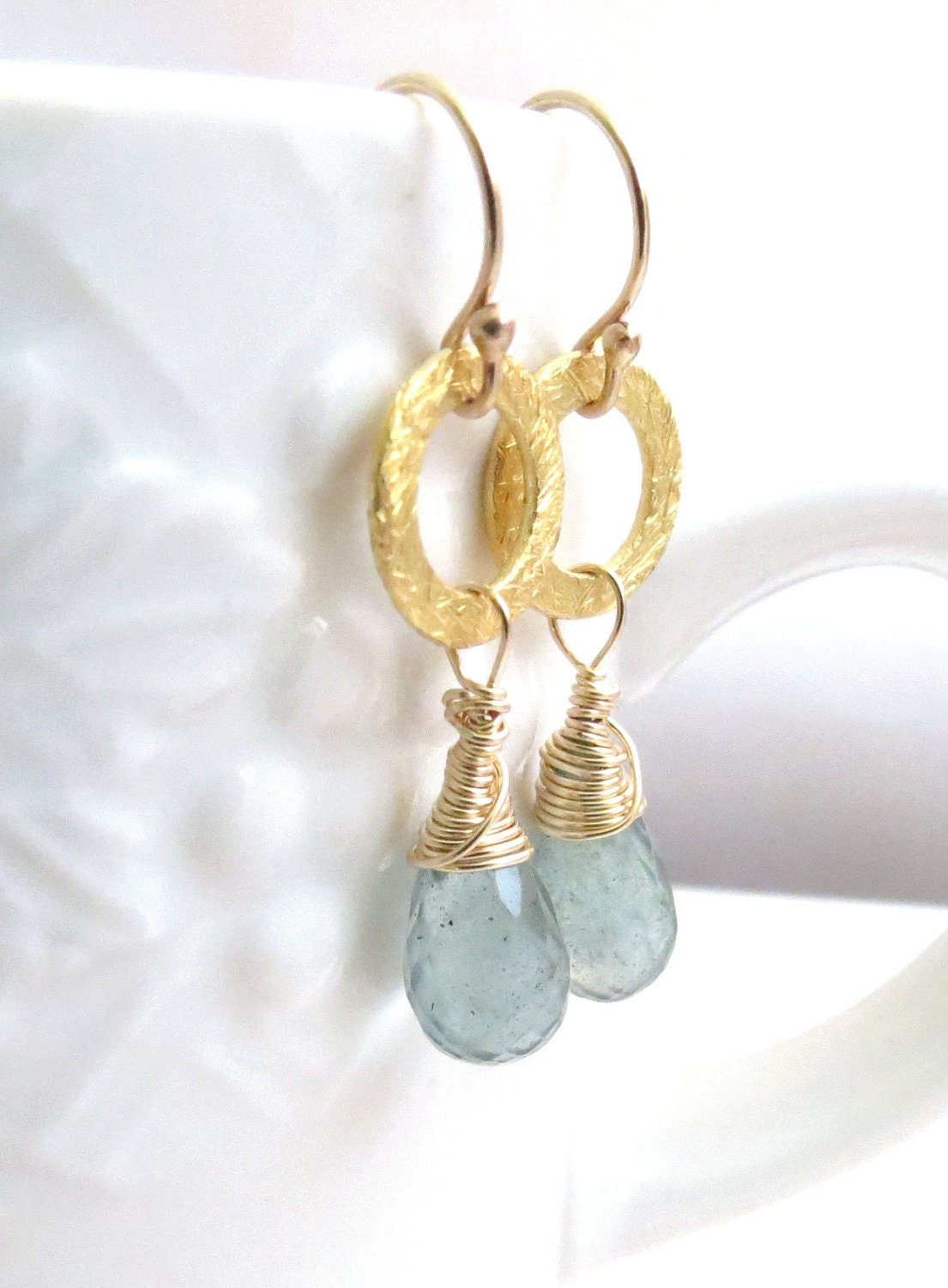 Moss Aquamarine Briolette with Gold Circle Earrings