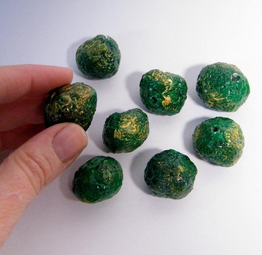 Beads Green Golden Upcycled Paper Mache Clay Beads, Eco Chic, Eco chic, DIY Supplies, Jewelry