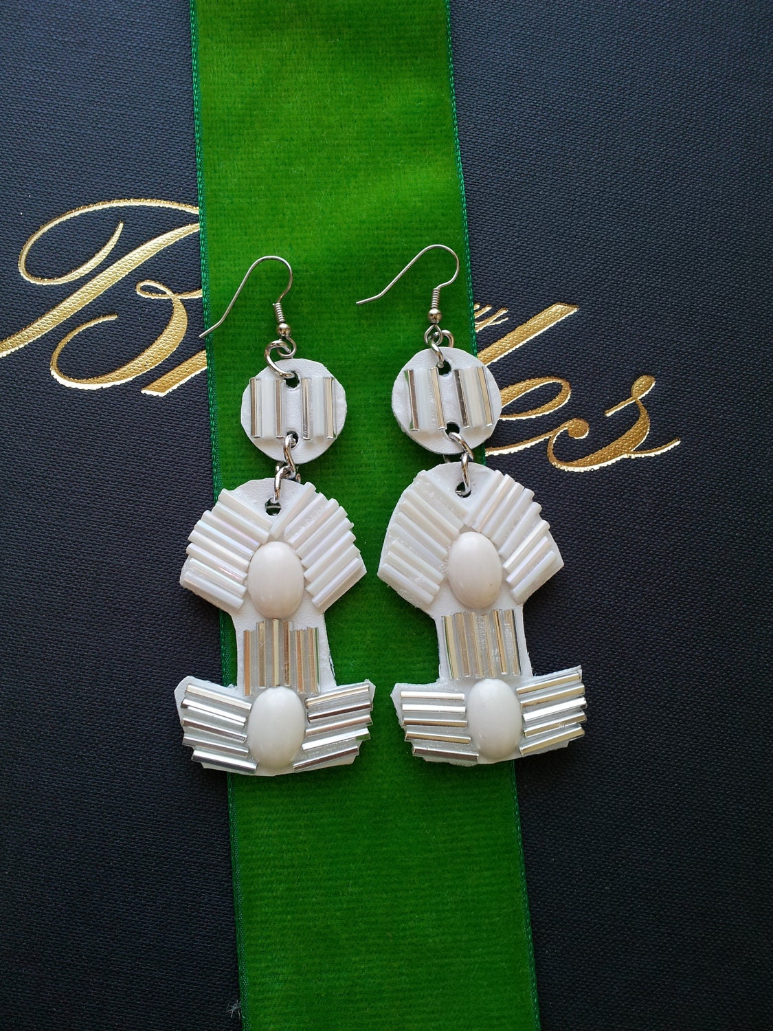 Art Deco long earrings with silver and white cabochons and bugle beads - "Deco"