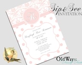 Dots and Damask Sip and See Invitation Girl Baby Shower Pink Monogram - Printable Custom Invite DIY 5x7 Digital JPEG PDF Files