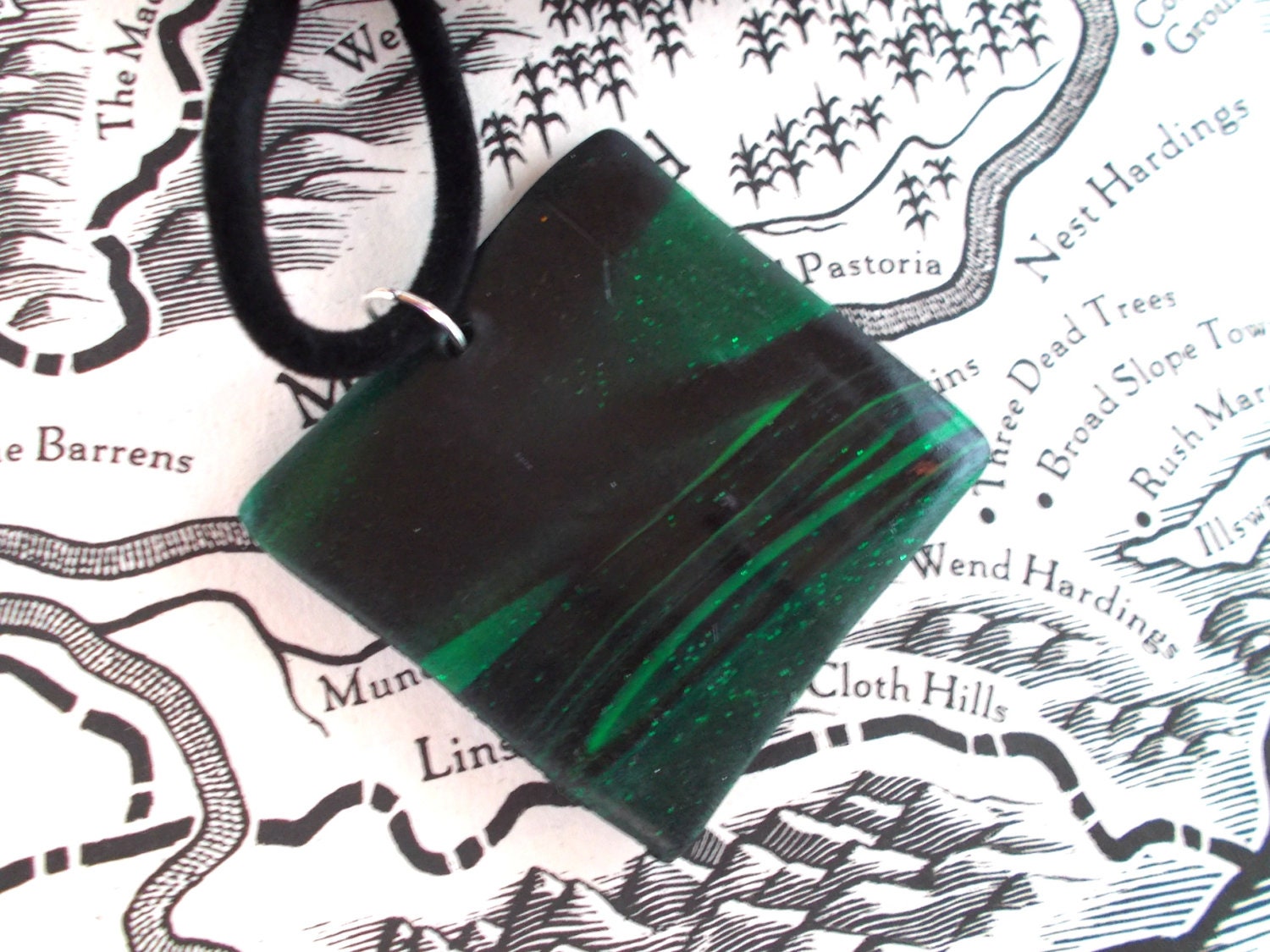 Black and Green Pendant Necklace - Polymer Clay - Square