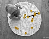 Crochet Rug Cherry Tree White Cotton with Mustard Yellow Flower Appliques and Alpaca Wool Branch Zen Modern Nursery Rug