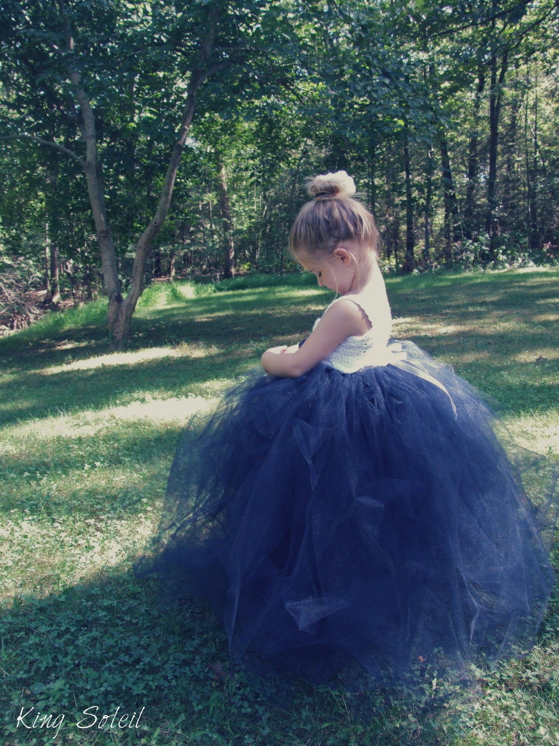 Flower Girl Tutu Dress Crochet Bodice and Rose Navy Tulle and White Special Occasion Dress Child Size 5 to 8