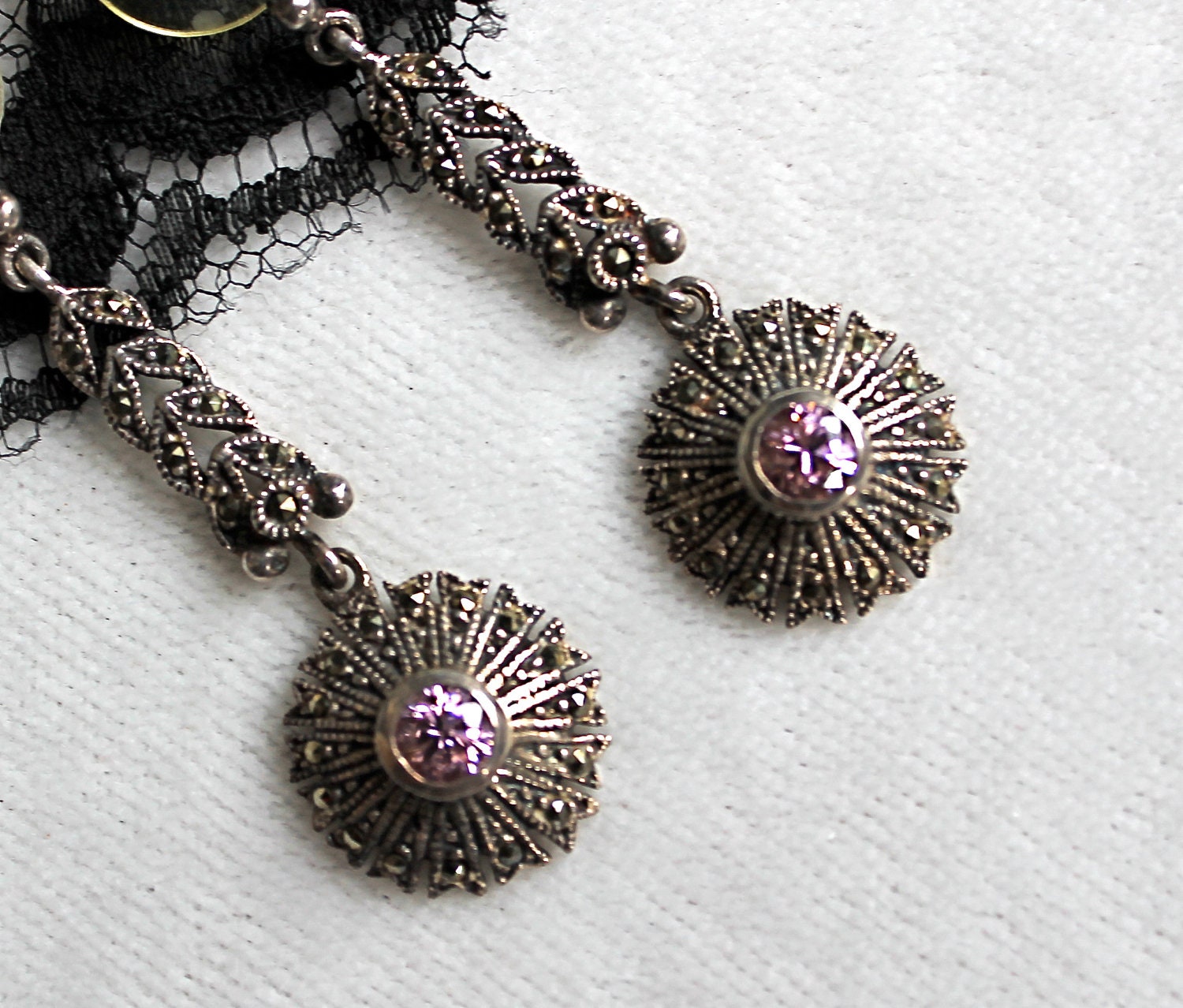 Vintage 925 Silver Marcasite and Pink Sparkle Gemstone Pierced Earrings