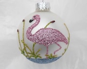 Pink Flamingo Glitter Ornament - Florida Christmas Flamingo on White Glass Ball