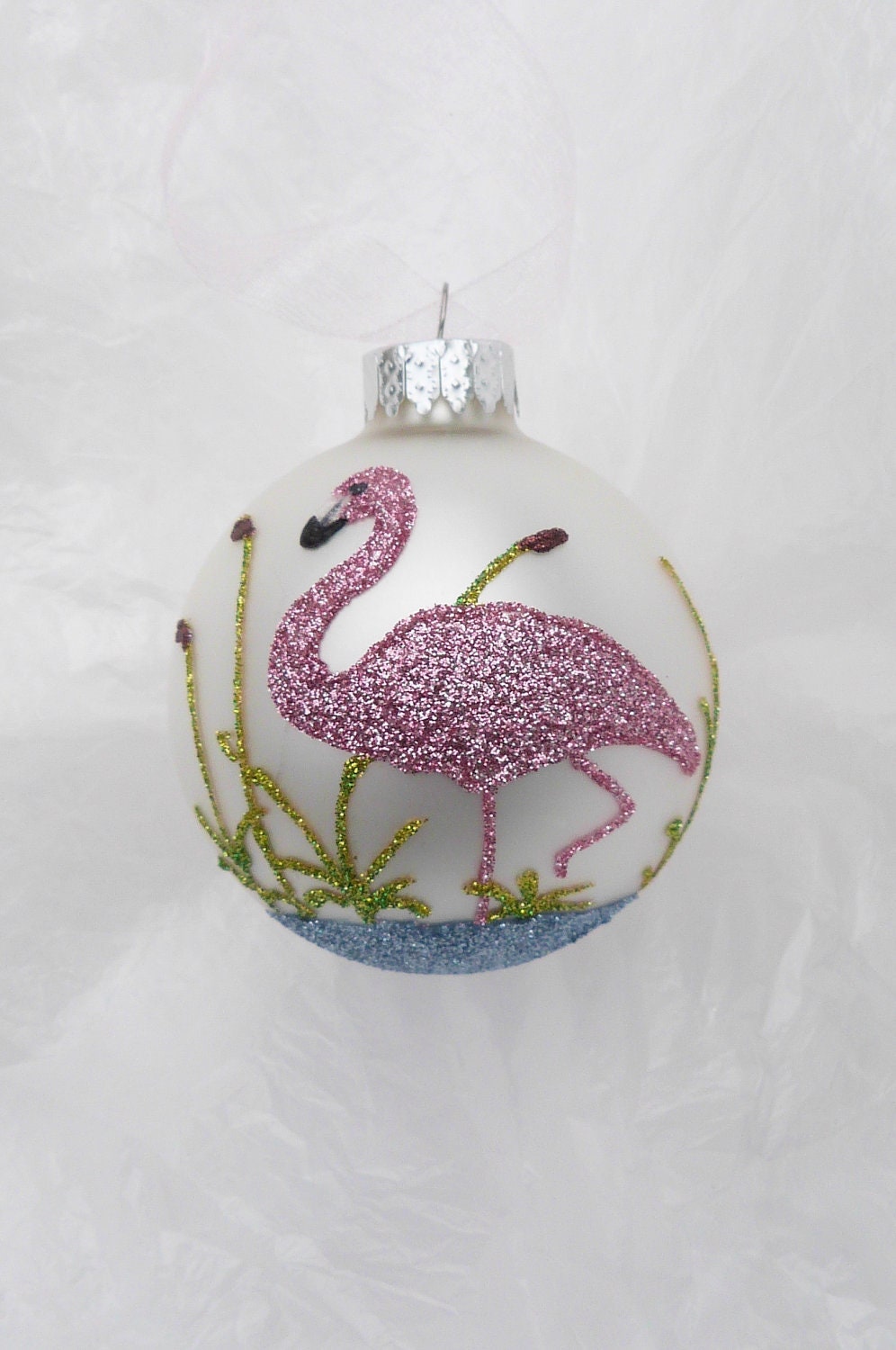 Pink Flamingo Glitter Ornament - Florida Christmas Flamingo on White Glass Ball