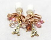 4g-5/8" Gold Rhinestone Covered Eiffel Tower Charm with Ribbon and Pink Beads on Organic Bone Dangle Tunnel Plugs