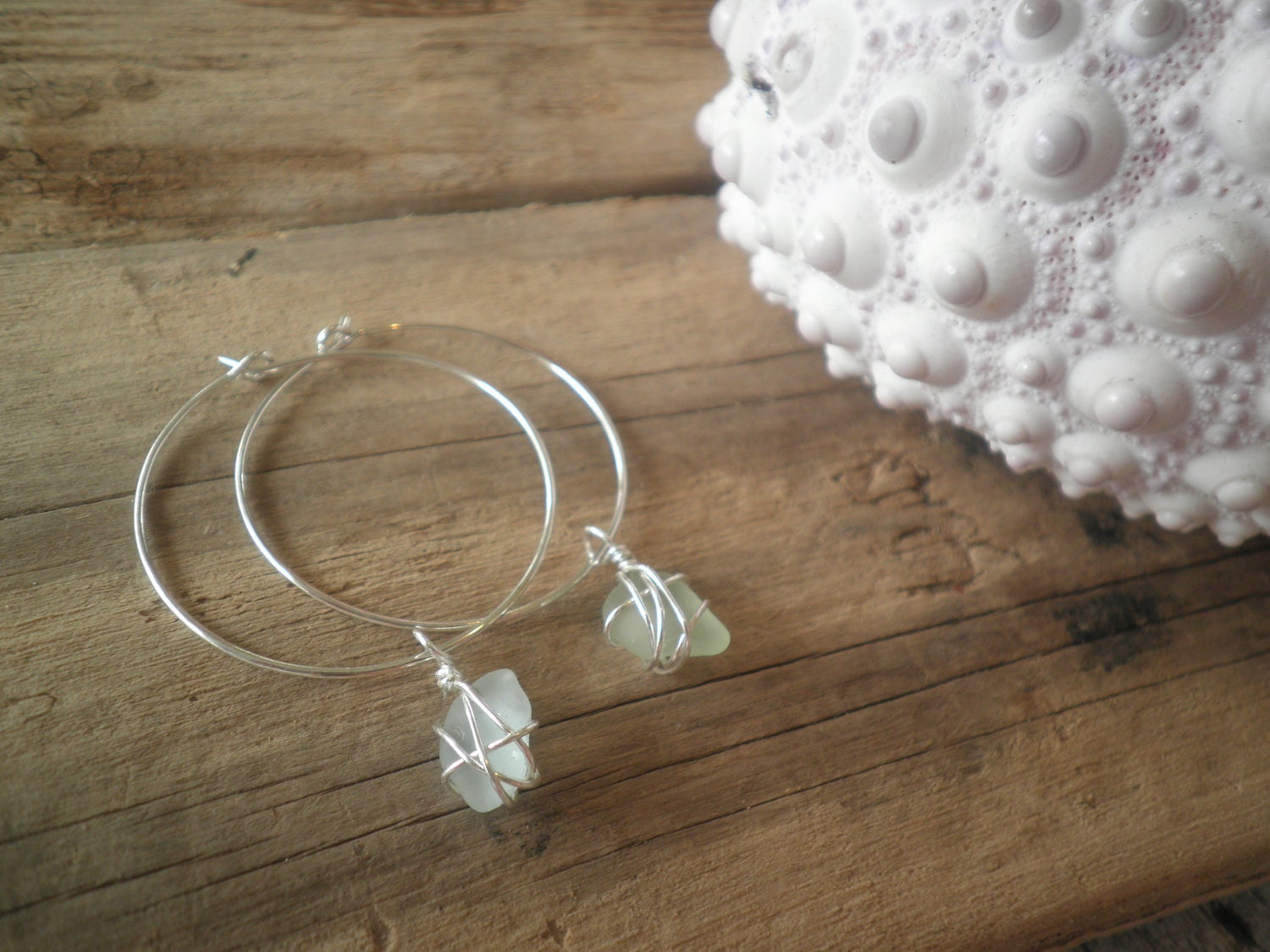 Seafoam/blue Hawaiian beach glass hoop earrings