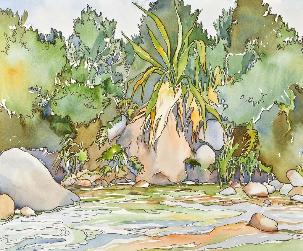 New Zealand Riverside reflections -- Small Print of tropical oasis with spectacular flax in colorful foliage.