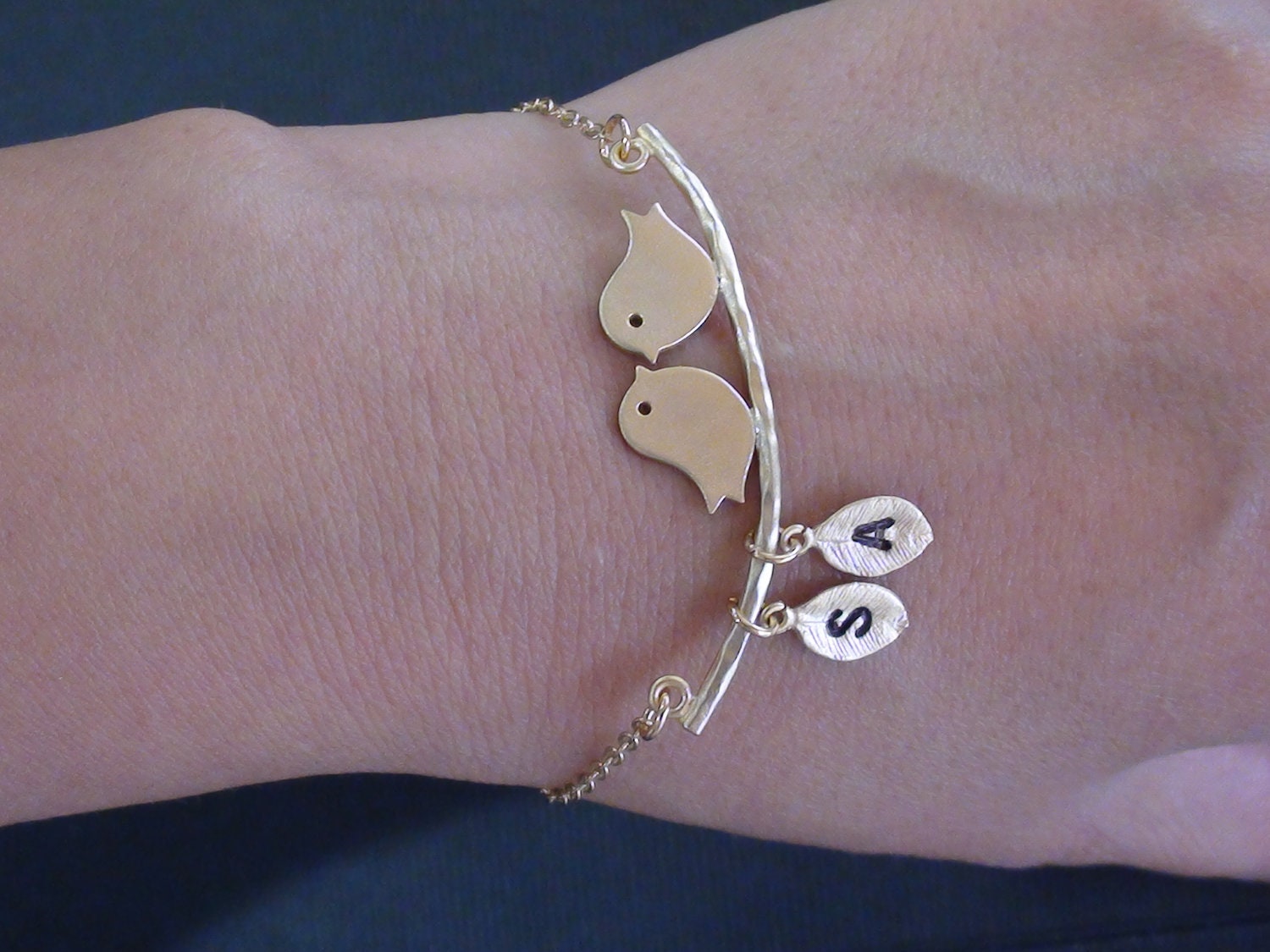 Sale-Personalized Initial-Two Lovely Birds On The Branch and Two Initial Leafs-Yellow Gold Plated Bracelet Or Anklet