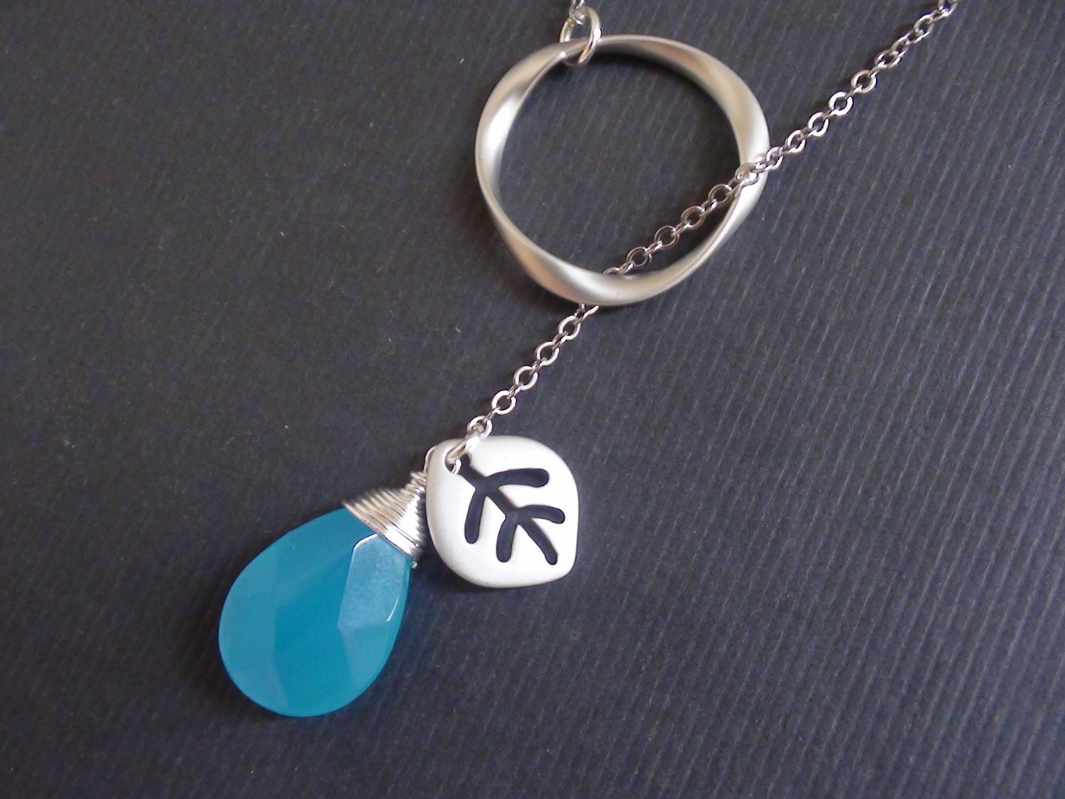 Personalized Birthstones-Twisted Circle Connector, Blue Chalcedony With Little Leaf -16k White Gold Lariat Necklace
