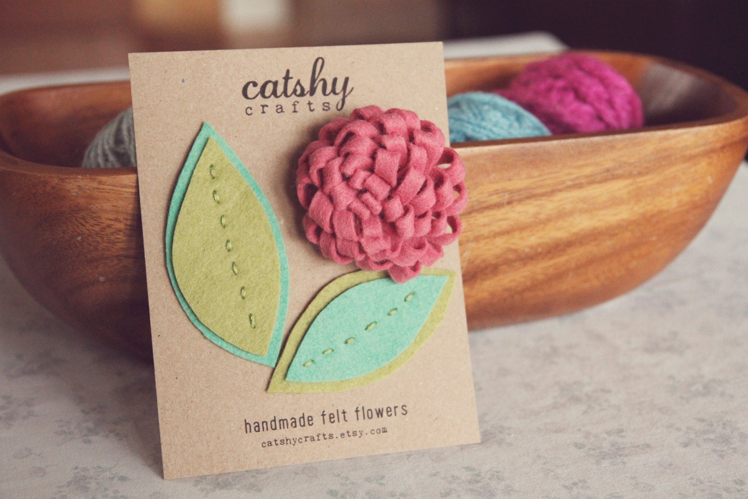 Handmade Felt Flower and Two Felt Leaves. Felt Embellishments by Catshy Crafts