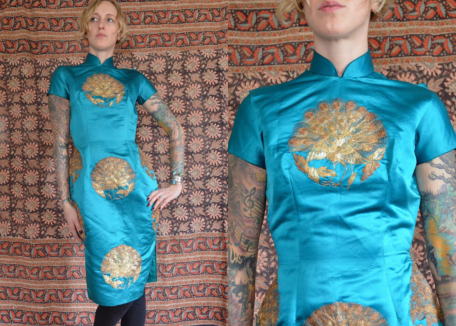 40s Turquoise Silk & Embroidered Golden Peacocks Geisha Dress
