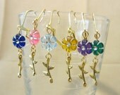 Flower w/ Gold Stem & Leaf Dangle Earrings