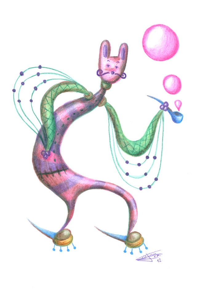 Mr. Striped Rabbit and the wonderful smoking pipe. Pencil drawing on high quality paper