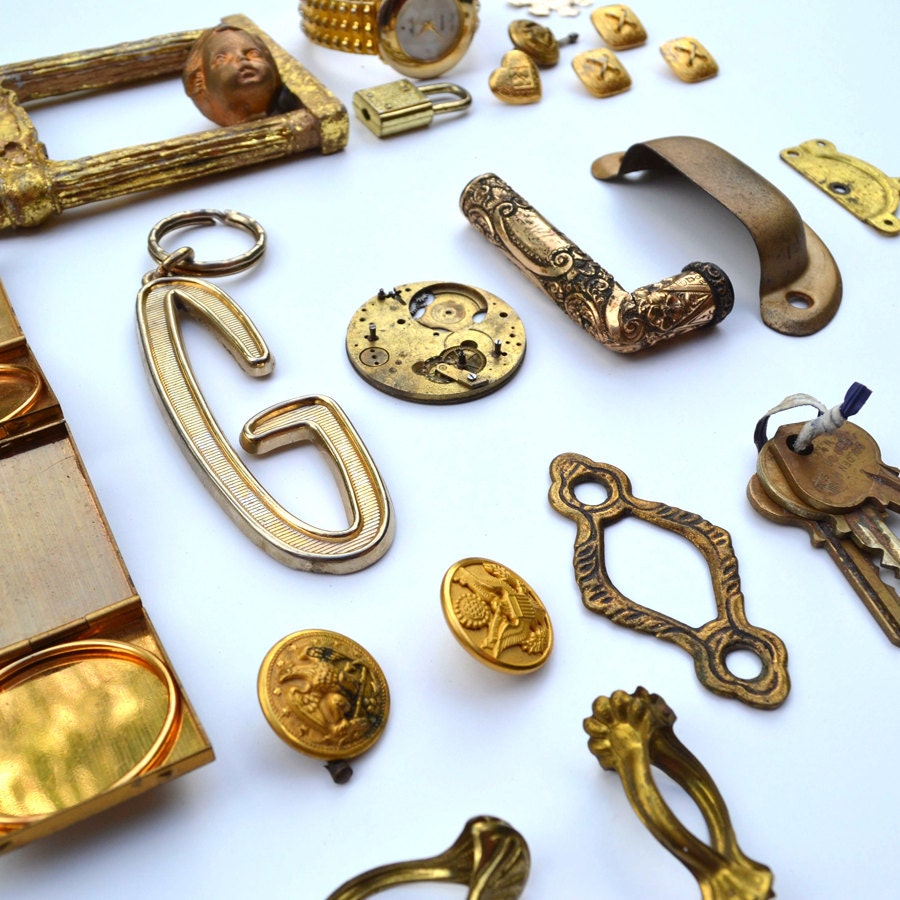 instant collection of vintage GOLD colored items shadowbox assemblage  offered by Elizabeth Rosen