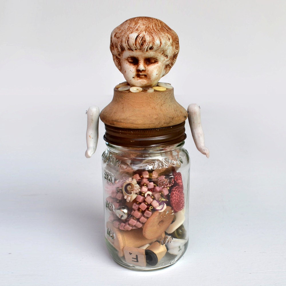 art doll with mason jar PACKED with vintage usable / removable goodies from Elizabeth Rosen