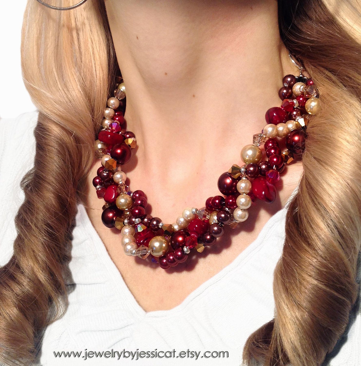 PETITE TWISTED, Statement Necklace, Burgundy, Gold, Champagne, Ivory, Fall, Red, Chunky, Multi-strand, Bridal, Jewelry by Jessica Theresa