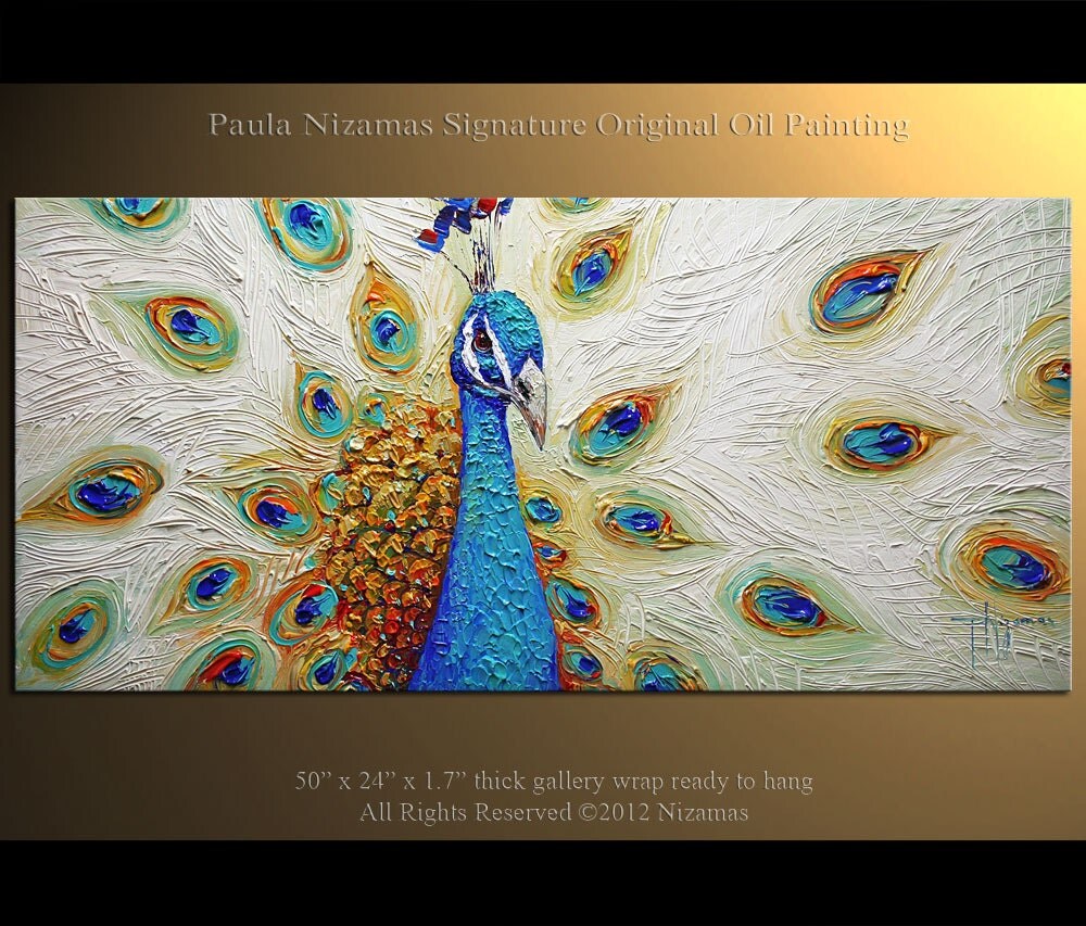 ORIGINAL PEACOCK Art LARGE Turquoise Blue Peacock by Artcoast