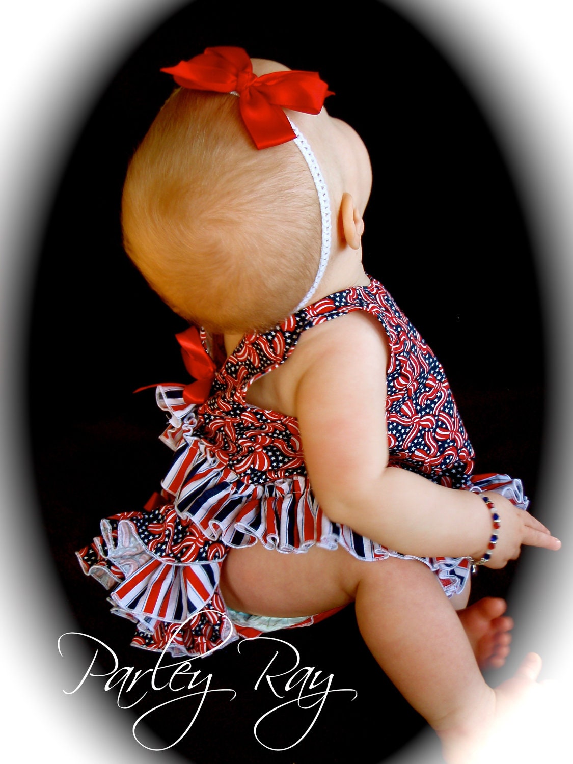 A Beautiful Parley Ray Patriotic Independence Day Pinafore Dress with Ruffled Baby Bloomers/ Diaper Cover / 4th of July Pageants Photo Props