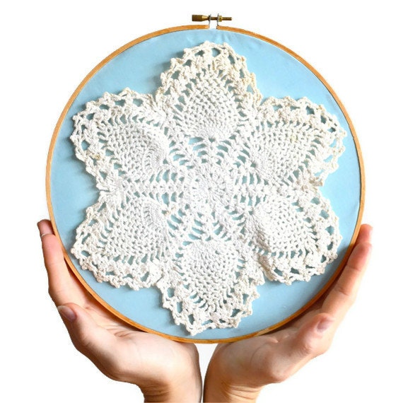 White Christmas snowflake doily hoop art