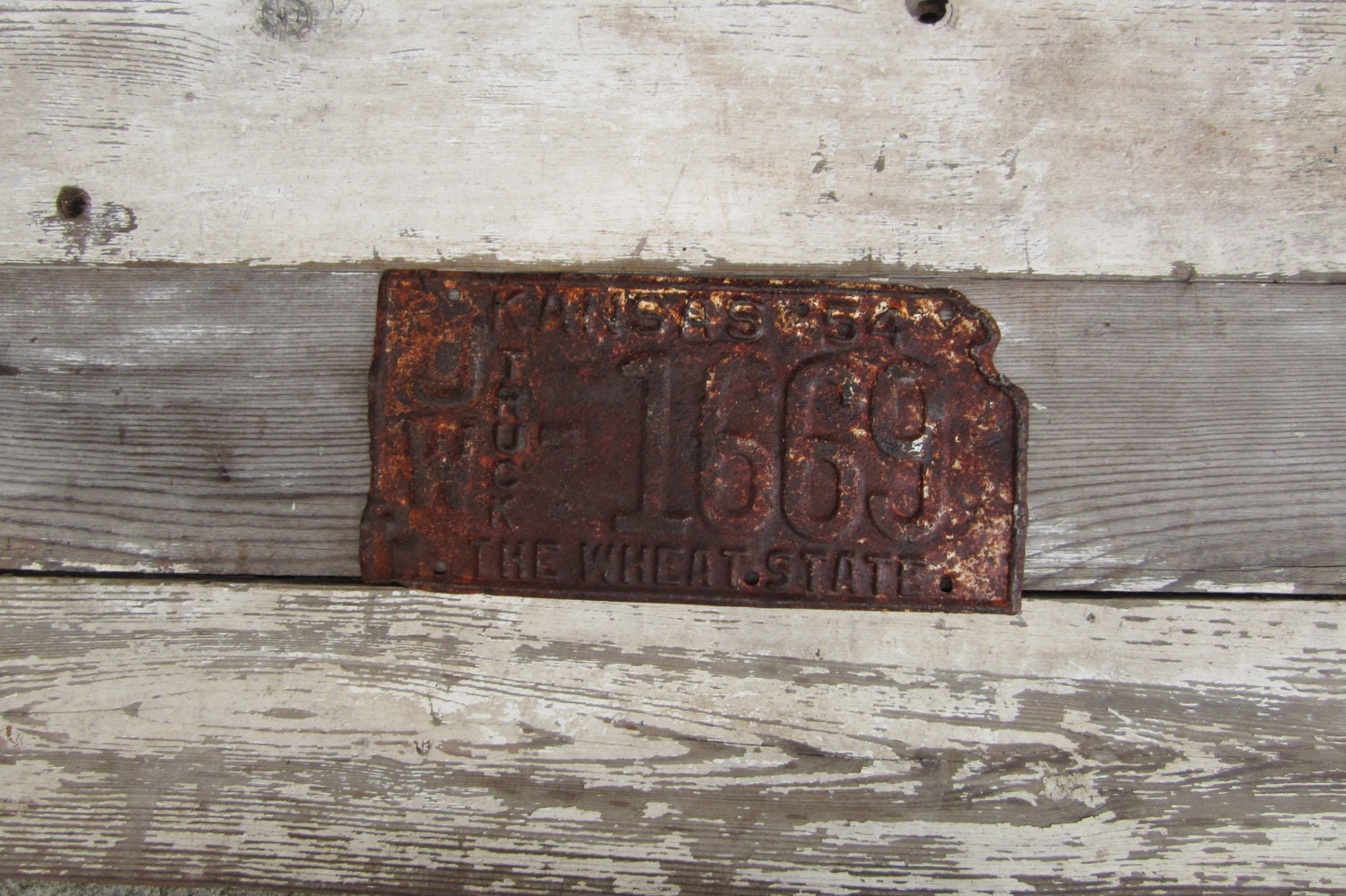 Vintage Kansas  Metal License Plate 1954 Truck Rust Rusted Old Distressed Salvaged Metal Antique