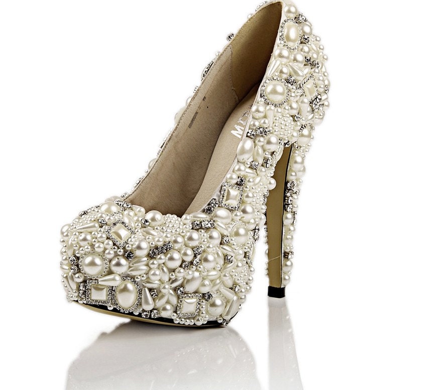 Handmade Super high heels pearl shoes ivory for wedding or party