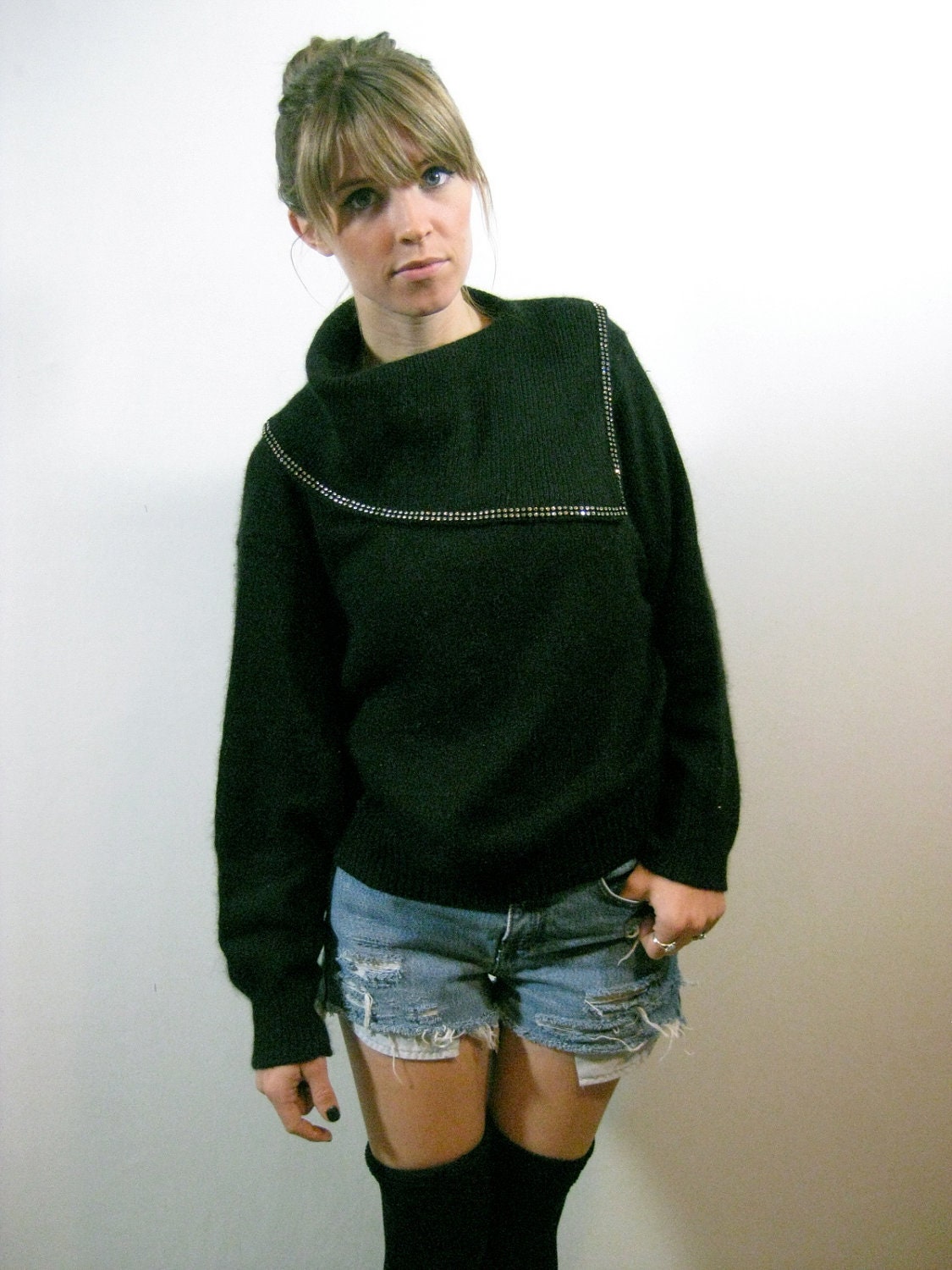 vintage RHINESTONE COWL neck SWEATER, split neck, large