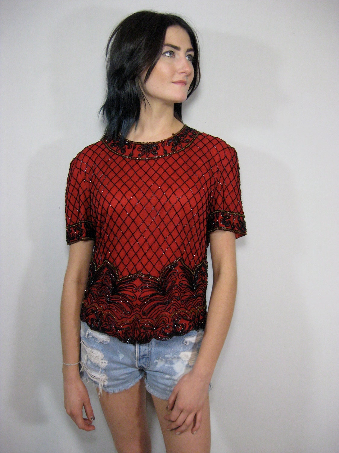 vintage 90s BEADED red GLITZ BLOUSE