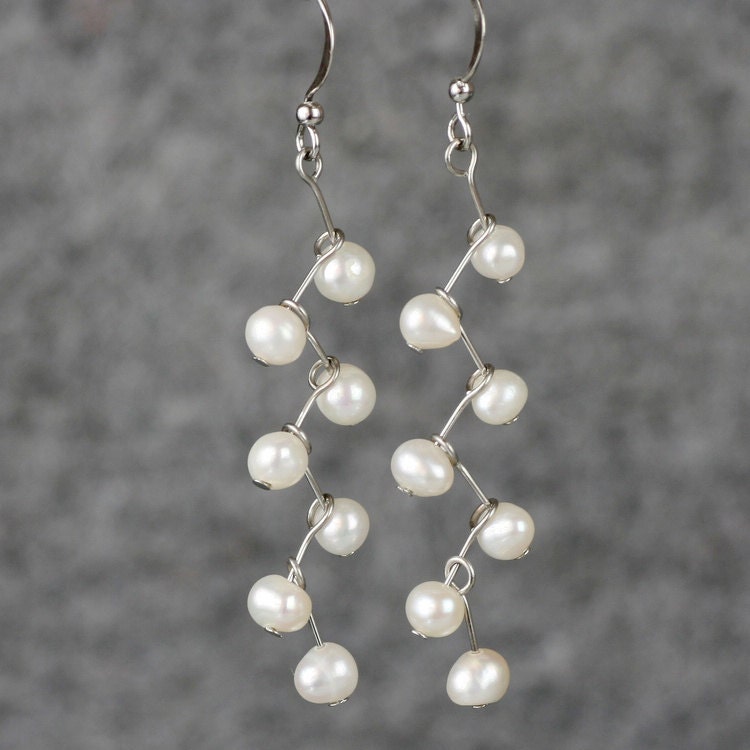 Bridal Pearl earrings drop dangle zigzag wire