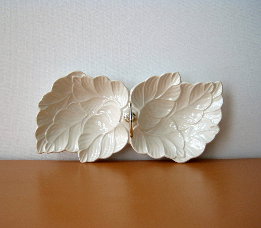 Retro Candy Dish, Serving Bowl, White Leaf Design, USA Pottery