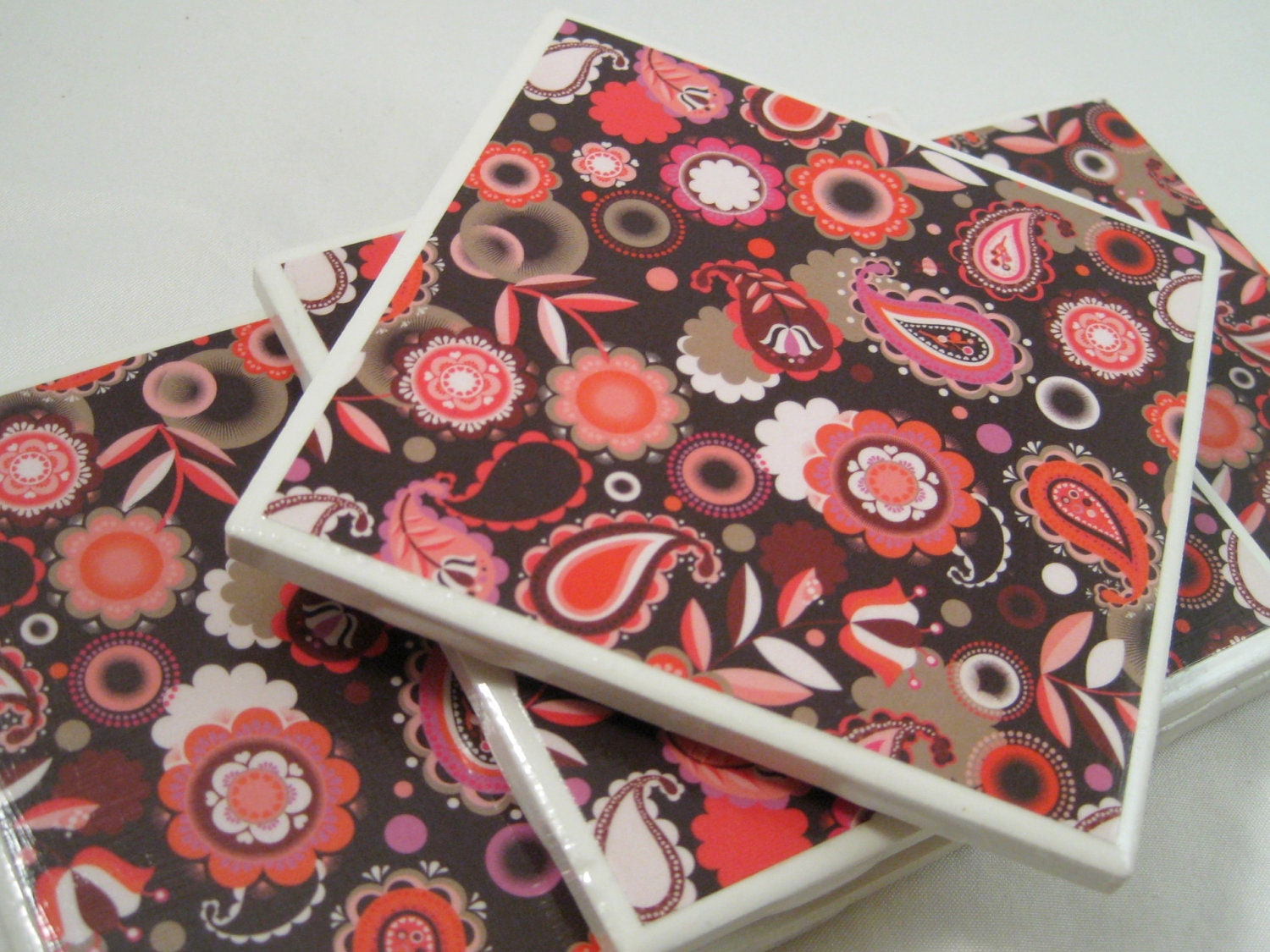 Brown & Pink Paisley Coasters - Set of 4