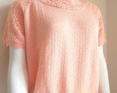 Vintage Spring Peach Knit Crochet Short Sleeve Top Size Medium