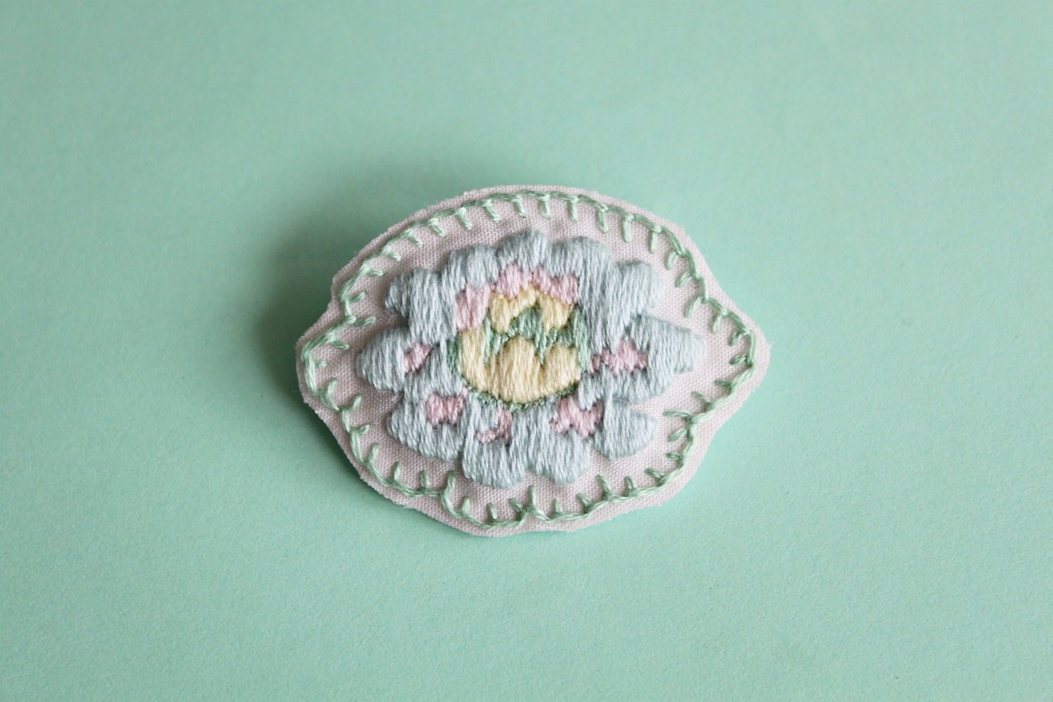Small Blue Pastel Hand Embroidered Flower Brooch