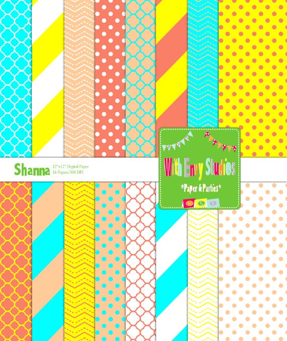 INSTANT DOWNLOAD Digital Scrapbook Paper Set-Shanna, yellow, aqua, peach, salmon Il_570xn