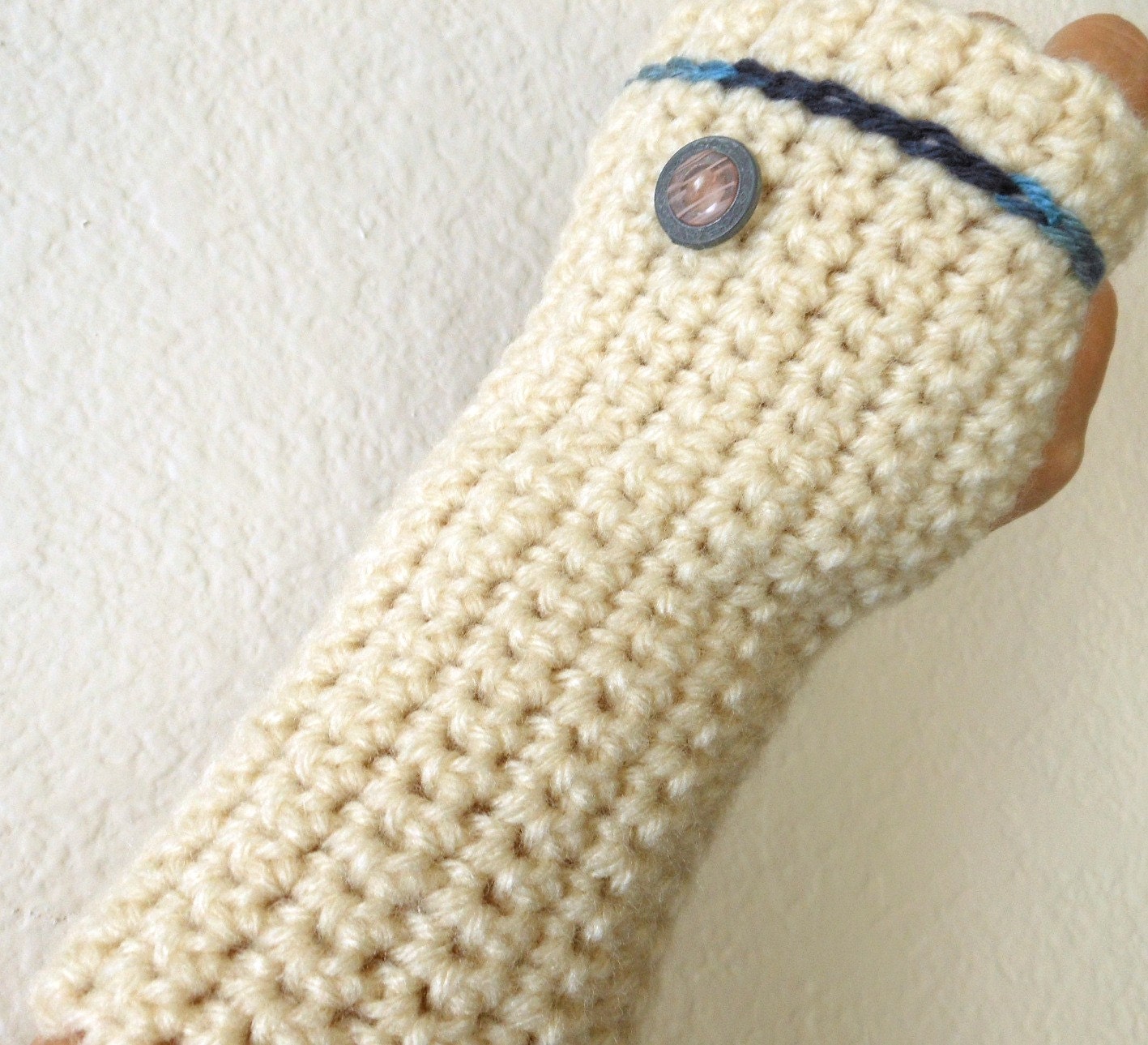 Fingerless Gloves Crocheted in Off White, Blue Trim and Vintage Button