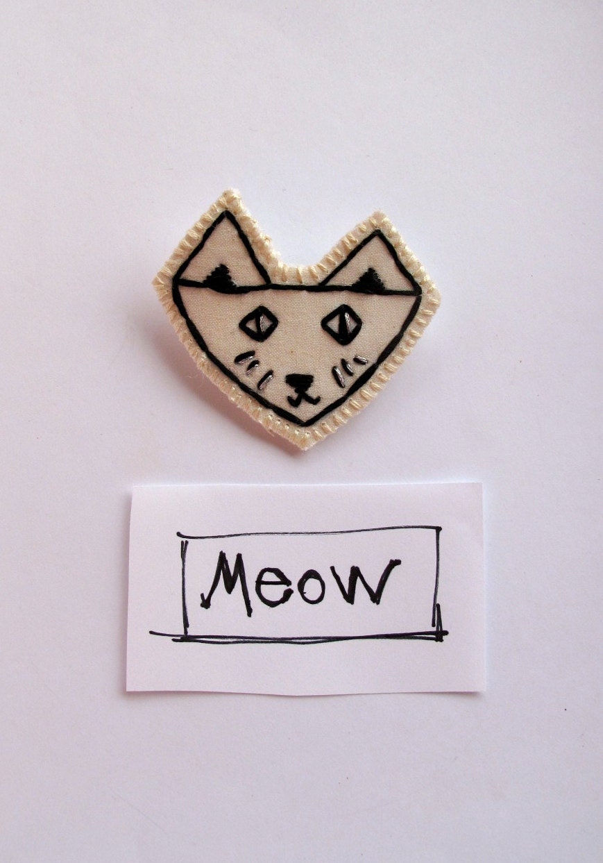 Embroidered cat brooch in black and white with sparkle eyes and whiskers children's jewelry