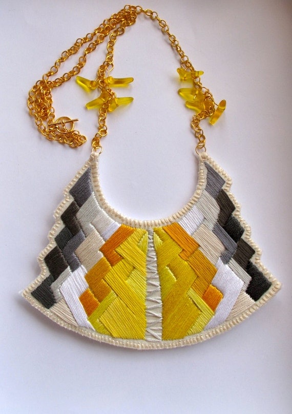 Statement bib necklace art deco geometric tribal handmade embroidered in beautiful yellow and grays modern jewelry