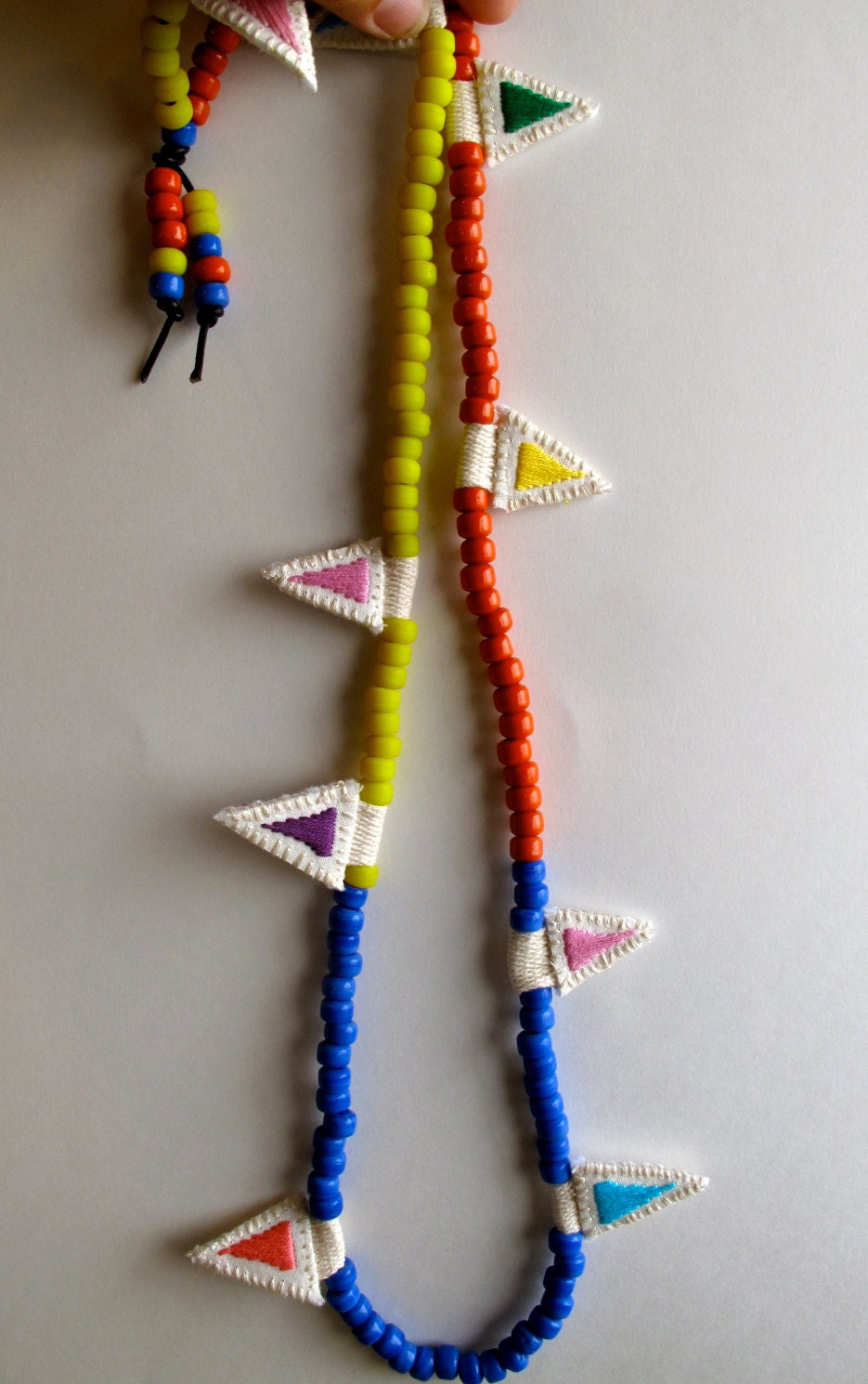 Colorblock necklace embroidered triangles with Native American trade beads tribal modern jewelry
